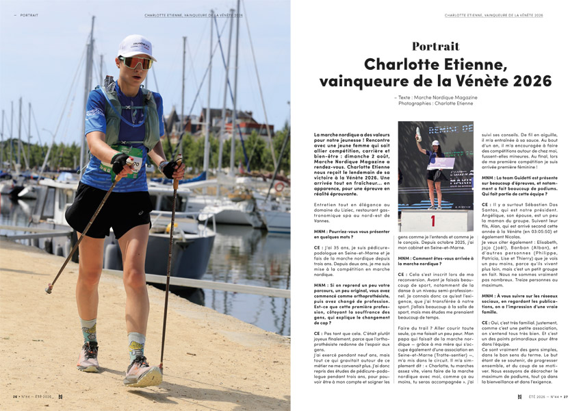 interview de Charlotte Etienne, vainqueure de la Vénète 2026, par Marche nordique magazine
